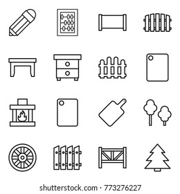 Thin line icon set : pencil, abacus, fence, table, nightstand, cutting board, fireplace, trees, wheel, farm, spruce