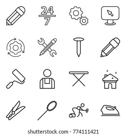 Thin line icon set : pencil, 24 7, gear, monitor arrow, around, wrench, nail, repair, workman, iron board, house cleaning, clothespin, duster, vacuum cleaner