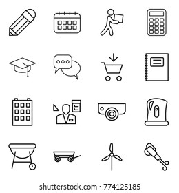 Thin line icon set : pencil, calendar, courier, calculator, graduate hat, discussion, add to cart, copybook, building, architector, surveillance camera, kettle, bbq, trailer, windmill, blower