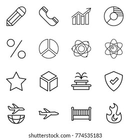 Thin line icon set : pencil, phone, diagram, circle, percent, atom, star, 3d, fountain, protected, plane shipping, crib, fire