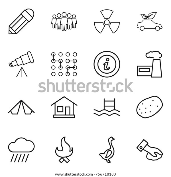 Thin line icon set : pencil, team, nuclear, eco\
car, telescope, chip, info, factory, tent, home, pool, potato, rain\
cloud, fire, goose,\
wiping
