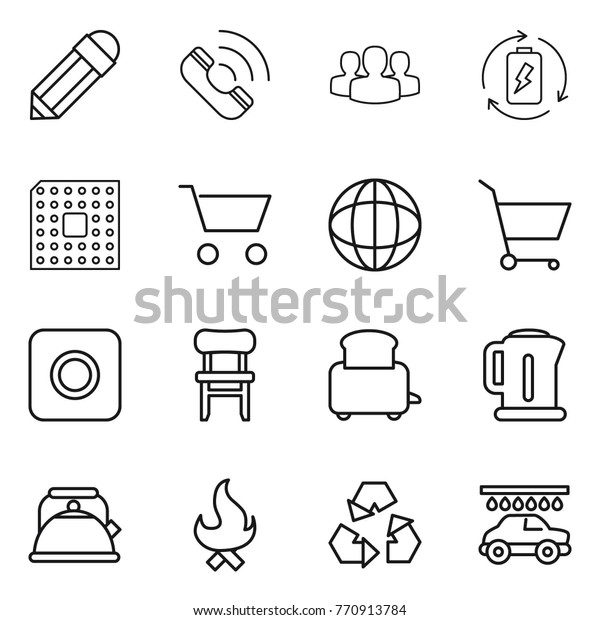 Thin line icon set : pencil, call, group, battery\
charge, cpu, cart, globe, ring button, chair, toaster, kettle,\
fire, recycling, car wash