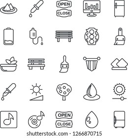 Thin Line Icon Set - pennant vector, statistic monitor, water drop, bench, dropper, traffic light, low battery, themes, brightness, music, fruit tree, serviette, salad, open close, fridge