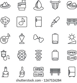 Thin Line Icon Set - pennant vector, water drop, bench, dropper, broken bone, traffic light, low battery, themes, brightness, music, copier, fruit tree, serviette, salad, open close, fridge