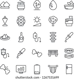 Thin Line Icon Set - pennant vector, statistic monitor, water drop, bench, dropper, broken bone, traffic light, low battery, themes, brightness, copier, fruit tree, serviette, salad, open close