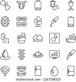 Thin Line Icon Set - pennant vector, statistic monitor, water drop, dropper, broken bone, traffic light, low battery, music, copier, fruit tree, serviette, salad, open close, fridge
