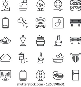 Thin Line Icon Set - pennant vector, statistic monitor, bench, dropper, broken bone, traffic light, low battery, themes, brightness, music, copier, fruit tree, serviette, salad, open close, fridge