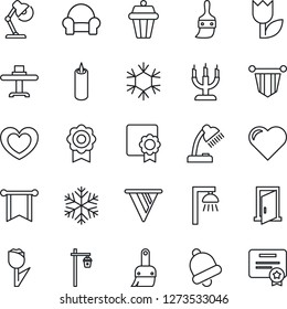 Thin Line Icon Set - pennant vector, garden light, heart, tulip, themes, bell, sertificate, desk lamp, cushioned furniture, restaurant table, candle, snowflake, outdoor, door, pennon, certificate