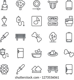 Thin Line Icon Set - pennant vector, bench, dropper, broken bone, traffic light, low battery, themes, brightness, music, copier, fruit tree, serviette, salad, open close, fridge