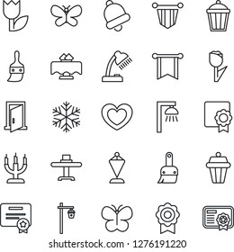 Thin Line Icon Set - pennant vector, butterfly, garden light, heart, tulip, themes, bell, sertificate, desk lamp, restaurant table, candle, snowflake, outdoor, door, pennon, certificate