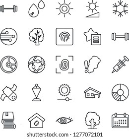 Thin Line Icon Set - pennant vector, circle chart, tree, sun, syringe, barbell, eye, satellite, favorites list, network, brightness, fingerprint id, book, house with garage, smart home, snowflake