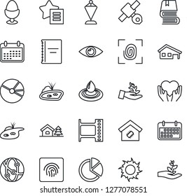 Thin Line Icon Set - pennant vector, sun, heart hand, eye, satellite, term, film frame, network, favorites list, fingerprint id, copybook, pie graph, book, house with garage, tree, pond, smart home