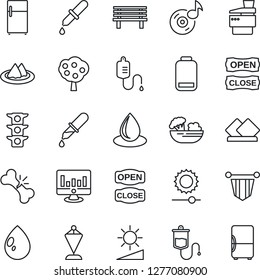 Thin Line Icon Set - pennant vector, statistic monitor, water drop, bench, dropper, broken bone, traffic light, low battery, brightness, music, copier, fruit tree, serviette, salad, open close