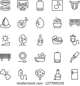 Thin Line Icon Set - pennant vector, statistic monitor, water drop, bench, dropper, broken bone, low battery, themes, brightness, music, copier, fruit tree, salad, open close, fridge