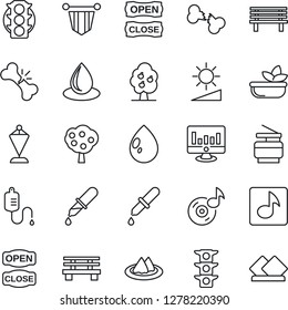 Thin Line Icon Set - pennant vector, statistic monitor, water drop, bench, dropper, broken bone, traffic light, brightness, music, copier, fruit tree, serviette, salad, open close