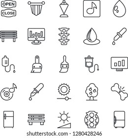 Thin Line Icon Set - pennant vector, statistic monitor, water drop, bench, dropper, broken bone, traffic light, themes, brightness, music, fruit tree, open close, fridge