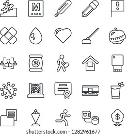 Thin Line Icon Set - pennant vector, abacus, water drop, hoe, fertilizer, heart, blood pressure, thermometer, patch, run, diet, virus, important flag, folder document, warehouse storage, railroad