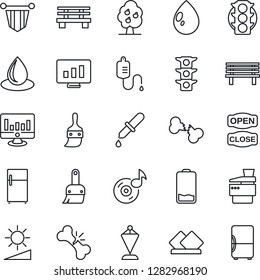 Thin Line Icon Set - pennant vector, statistic monitor, water drop, bench, dropper, broken bone, traffic light, low battery, themes, brightness, music, copier, fruit tree, open close, serviette