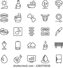 Thin Line Icon Set - pennant vector, statistic monitor, water drop, bench, dropper, broken bone, traffic light, low battery, themes, brightness, music, copier, fruit tree, salad, open close, fridge