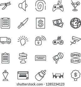 Thin Line Icon Set - pennant vector, pruner, signpost, cash, car delivery, receipt, clipboard, microphone, speaker, gamepad, rca, reserved, cocktail, cafe table, open close, knife, wireless lock