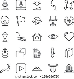 Thin Line Icon Set - pennant vector, tree, lawn mower, sickle, heart, molecule, eye, plane, folder document, play button, download, brightness, compass, office building, ink pen, chair, blank box