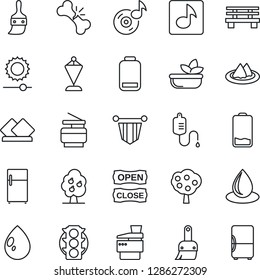 Thin Line Icon Set - pennant vector, water drop, bench, dropper, broken bone, traffic light, low battery, themes, brightness, music, copier, fruit tree, serviette, salad, open close, fridge