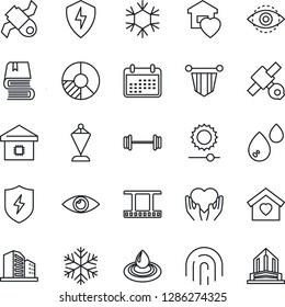 Thin Line Icon Set - pennant vector, circle chart, barbell, heart hand, eye, satellite, film frame, protect, brightness, id, fingerprint, book, sweet home, smart, snowflake, water, calendar