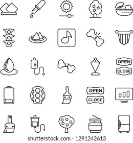 Thin Line Icon Set - pennant vector, statistic monitor, water drop, dropper, broken bone, traffic light, low battery, themes, brightness, music, copier, fruit tree, serviette, salad, open close