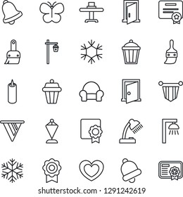 Thin Line Icon Set - pennant vector, butterfly, garden light, heart, themes, bell, sertificate, desk lamp, cushioned furniture, restaurant table, candle, snowflake, outdoor, door, pennon