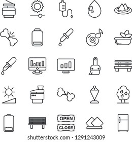 Thin Line Icon Set - pennant vector, statistic monitor, water drop, bench, dropper, broken bone, low battery, themes, brightness, music, copier, fruit tree, serviette, salad, open close, fridge