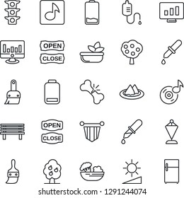 Thin Line Icon Set - pennant vector, statistic monitor, bench, dropper, broken bone, traffic light, low battery, themes, brightness, music, fruit tree, serviette, salad, open close, fridge
