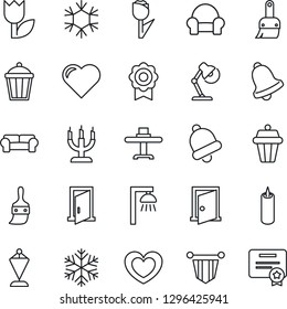 Thin Line Icon Set - pennant vector, garden light, heart, tulip, themes, bell, sertificate, desk lamp, cushioned furniture, restaurant table, candle, snowflake, outdoor, door, certificate