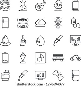 Thin Line Icon Set - pennant vector, statistic monitor, water drop, bench, dropper, broken bone, traffic light, low battery, themes, brightness, music, copier, fruit tree, serviette, open close