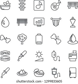 Thin Line Icon Set - pennant vector, statistic monitor, water drop, bench, dropper, broken bone, traffic light, low battery, brightness, music, copier, fruit tree, serviette, salad, open close