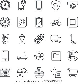 Thin Line Icon Set - pennant vector, document search, printer, bike, traffic light, mobile tracking, clock, cell phone, dialog, favorites list, stop button, folder, calendar, children room, hot dog