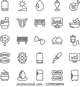 Thin Line Icon Set - pennant vector, statistic monitor, water drop, bench, dropper, broken bone, traffic light, low battery, brightness, music, copier, fruit tree, salad, open close, serviette