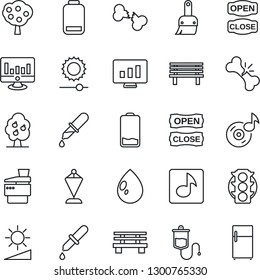 Thin Line Icon Set - pennant vector, statistic monitor, water drop, bench, dropper, broken bone, traffic light, low battery, themes, brightness, music, copier, fruit tree, open close, fridge