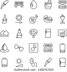 Thin Line Icon Set - pennant vector, statistic monitor, water drop, bench, dropper, broken bone, low battery, themes, brightness, music, copier, fruit tree, salad, open close, serviette, fridge