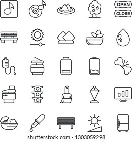 Thin Line Icon Set - pennant vector, statistic monitor, water drop, bench, dropper, broken bone, traffic light, low battery, themes, brightness, music, copier, fruit tree, serviette, salad, fridge