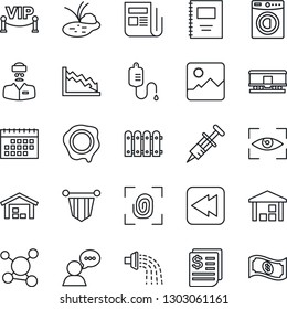 Thin Line Icon Set - pennant vector, stamp, watering, pond, syringe, dropper, doctor, molecule, receipt, warehouse, railroad, news, speaker, rewind, gallery, calendar, copybook, fence, washer, cash