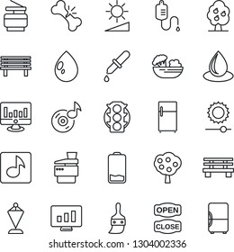 Thin Line Icon Set - pennant vector, statistic monitor, water drop, bench, dropper, broken bone, traffic light, low battery, themes, brightness, music, copier, fruit tree, salad, open close, fridge