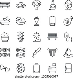 Thin Line Icon Set - pennant vector, water drop, bench, dropper, broken bone, traffic light, low battery, themes, brightness, music, copier, fruit tree, serviette, salad, open close, fridge