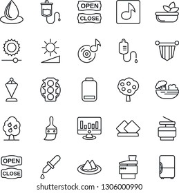 Thin Line Icon Set - pennant vector, statistic monitor, water drop, dropper, traffic light, low battery, themes, brightness, music, copier, fruit tree, serviette, salad, open close, fridge