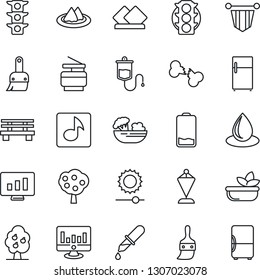 Thin Line Icon Set - pennant vector, statistic monitor, water drop, bench, dropper, broken bone, traffic light, low battery, themes, brightness, music, copier, fruit tree, serviette, salad, fridge