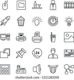 Thin Line Icon Set - pennant vector, mouse, drawing pin, printer, garden light, 24 hours, folder document, gallery, calculator, calendar, office phone, fence, estate agent, waiter, alcohol, pc, idea