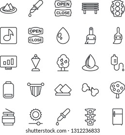 Thin Line Icon Set - pennant vector, statistic monitor, water drop, bench, dropper, broken bone, traffic light, low battery, themes, brightness, music, copier, fruit tree, serviette, open close