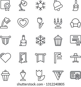 Thin Line Icon Set - pennant vector, garden light, heart, tulip, themes, bell, sertificate, desk lamp, cushioned furniture, restaurant table, candle, snowflake, outdoor, door, pennon, certificate