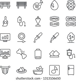 Thin Line Icon Set - pennant vector, statistic monitor, water drop, bench, dropper, broken bone, traffic light, low battery, themes, brightness, music, fruit tree, serviette, salad, open close