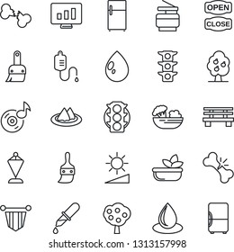 Thin Line Icon Set - pennant vector, statistic monitor, water drop, bench, dropper, broken bone, traffic light, themes, brightness, music, copier, fruit tree, serviette, salad, open close, fridge