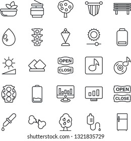 Thin Line Icon Set - pennant vector, statistic monitor, water drop, bench, dropper, broken bone, traffic light, low battery, brightness, music, copier, fruit tree, salad, open close, serviette